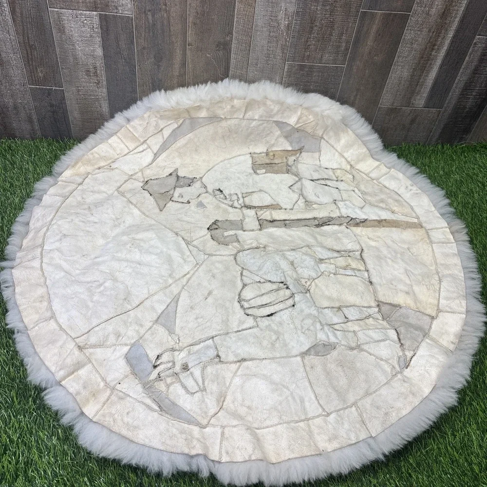 Vintage Peruvian Alpaca Fur Folk Art Rug Shepherd Llama Wall Hanging 34x34